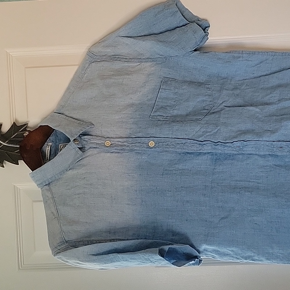 Lucky Brand short sleeve button shirt blue ombre linen pkt on left chest M
